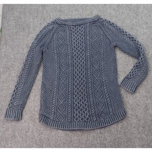 LL Bean Cable Knit Sweater Womens Medium Blue Fisherman Curved Hem Side Zips